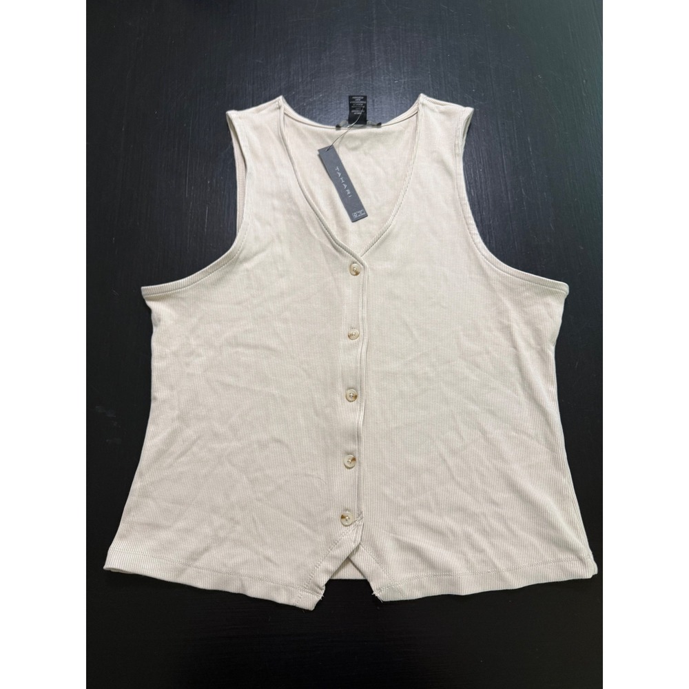 Tahari Womens Ribbed Knit Button Down Vest Top Cream Beige XL NEW